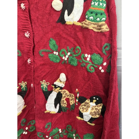 Vintage Heirloom Collectibles Cardigan Womens XL Christmas Penguin Applique 00s - Picture 2 of 8